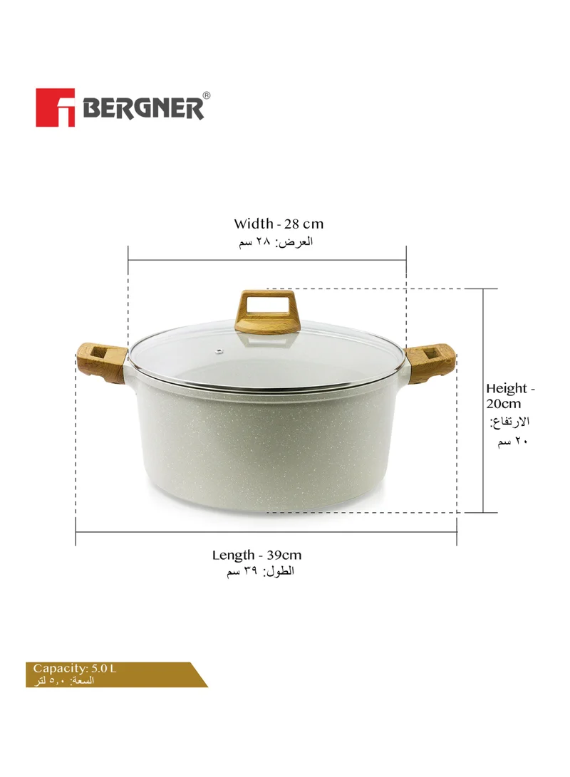بيرجنر Bergner 28cm (5L) Cast Aluminum Casserole Dish with Glass Lid & Trivet, Non-Stick Marble Coating, Less Oil Use Healthy Cooking, Even Heating, Scratch Resistant, Induction & Gas Stove Compatible
